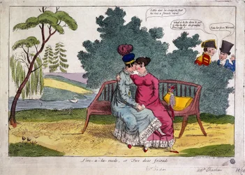 Lady Strachan og Lady Warwick elsker i en park, mens deres ægtemænd ser misbilligende på